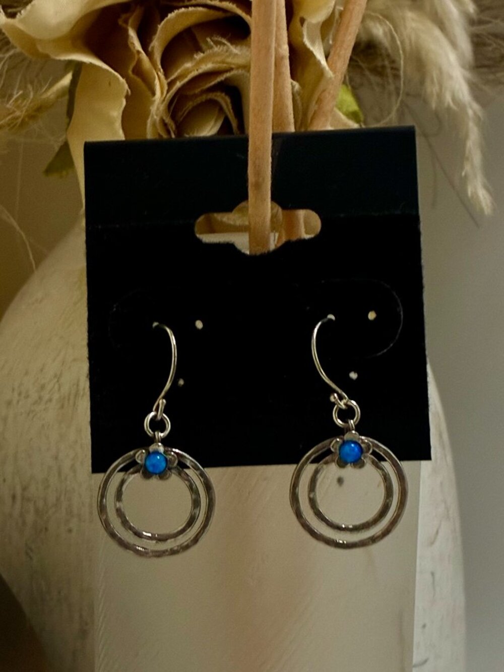 Vintage Shube's Sterling Silver Blue Fire Opal Hammered Double Hoop Earrings